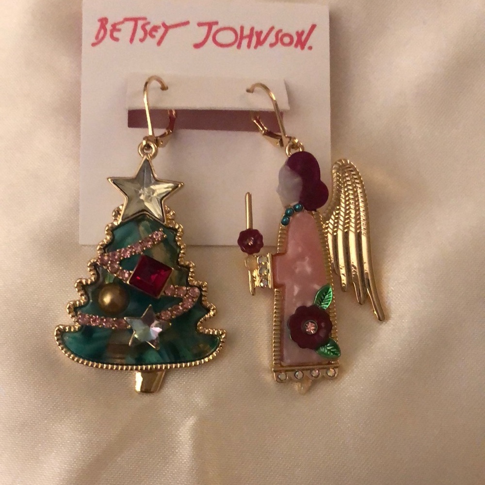 Betsey Johnson Gold Tone Feliz Navidad Angel & Christmas Tree Mismatch Earrings